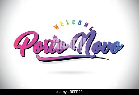 Porto-Novo Willkommen bei Wort Text mit Kreativen Lila Rosa handschriftlichen Font und Swoosh Form Design Vector Illustration. Stock Vektor