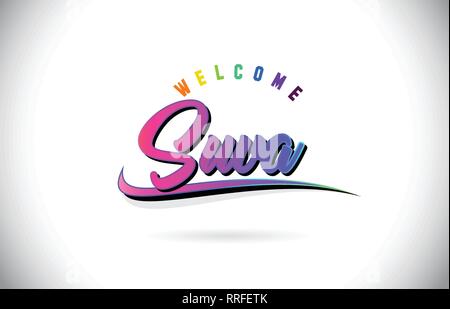 Suva Willkommen bei Wort Text mit Kreativen Lila Rosa handschriftlichen Font und Swoosh Form Design Vector Illustration. Stock Vektor