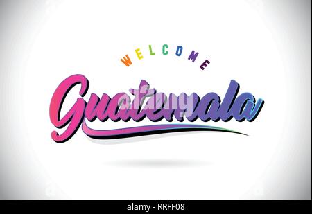 Guatemala Willkommen bei Wort Text mit Kreativen Lila Rosa handschriftlichen Font und Swoosh Form Design Vector Illustration. Stock Vektor