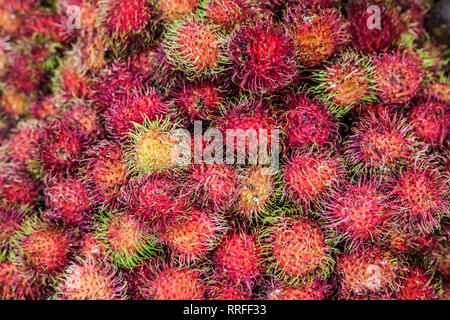 Stapel der Rambutan am Maeklong Railway Markt, Thailand. Stockfoto