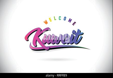 Kuwait Willkommen bei Wort Text mit Kreativen Lila Rosa handschriftlichen Font und Swoosh Form Design Vector Illustration. Stock Vektor