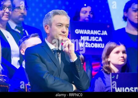 Danzig, Polen. 25 Feb, 2019. Robert Biedron, Leiter und Gründer der Wiosna (Frühling), Polnisch sozial-demokratischen und pro-europäischen politischen Partei während der regionalen Übereinkommen in Danzig, Polen. Februar 2019 Credit: Wojciech Strozyk/Alamy leben Nachrichten Stockfoto