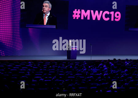 Barcelona, Spanien. 26 Feb, 2019. Thomas Bach, der Präsident des Internationalen Olympischen Komitees, spricht bei einer Veranstaltung auf dem Mobile World Congress. Credit: Clara Margais/dpa/Alamy leben Nachrichten Stockfoto