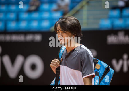 SÃO PAULO, SP - 25.02.2019: BRASIL OPEN 2019 ATP 250 - Brasilien 2019 - ATP 250 - Marco TRUNGELLITI (ARG) gewinnt Taro DANIEL (JPN) dieser Montag, 26 Februar, 2019. Am Gymnasium Ibirapuera in São Paulo. (Foto: Van Campos/Fotoarena) Stockfoto