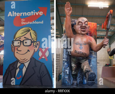 Mainz, Deutschland. 26 Feb, 2019. KOMBO - Das Bild Combo zeigt ein Motiv Wagen über die AfD, die bei der Präsentation des Motiv Wagen der Mainzer Carneval-Verein (MCV) - ein skinhead mit ausgestreckten Rechten (r), die sich aus einem wahlplakat der AfD (l) eingeführt wird. Die Autos werden durch die Innenstadt von Mainz roll während der rosenmontagszug. Credit: Boris Roessler/dpa/Alamy leben Nachrichten Stockfoto