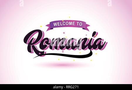 Rumänien Willkommen bei kreativen Text handgeschriebene Schrift mit Lila Rosa Farben Design Vector Illustration. Stock Vektor