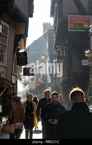 Mittelalterliche schmale Straße mit Einkäufern, die entlang gehen und überhängenden Gebäuden, The Shambles, York, North Yorkshire, England, VEREINIGTES KÖNIGREICH. Stockfoto