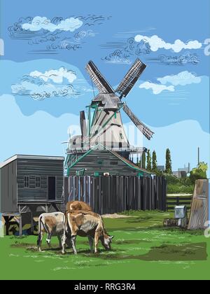 Vektor hand Zeichnung Abbildung: Wassermühle in Amsterdam (Niederlande, Holland). Wahrzeichen von Holland. Wassermühle und grasende Kühe auf der Wiese. Stock Vektor