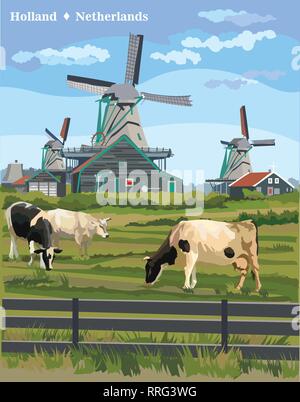 Vektor bunte Abbildung: Wassermühle in Amsterdam (Niederlande, Holland). Wahrzeichen von Holland. Wassermühle und grasende Kühe auf der Wiese. Stock Vektor