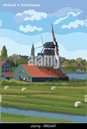 Vector Illustration der Wassermühle in Amsterdam (Niederlande, Holland). Wahrzeichen von Holland. Wassermühle auf der Wiese. Farbenfrohe Vector Illustration. Stock Vektor
