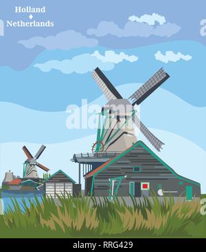 Vector Illustration der Wassermühle in Amsterdam (Niederlande, Holland). Wahrzeichen von Holland. Wassermühle auf der Wiese. Farbenfrohe Vector Illustration. Stock Vektor