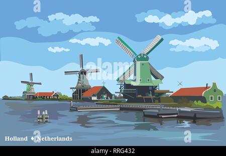 Vector Illustration der Wassermühle in Amsterdam (Niederlande, Holland). Wahrzeichen von Holland. Wassermühlen am Ufer. Farbenfrohe Vector Illustration. Stock Vektor
