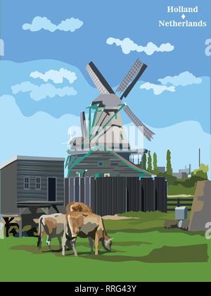 Vektor bunte Abbildung: Wassermühle in Amsterdam (Niederlande, Holland). Wahrzeichen von Holland. Wassermühle und grasende Kühe auf der Wiese. Stock Vektor