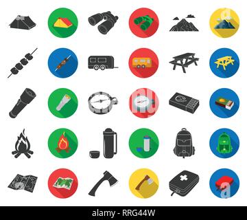 Ax, Tasche, Sitzbank, Fernglas, schwarz, flach, Camp, Lagerfeuer, camping, campingplatz, Auto, Wohnwagen, Brust, Sammlung, compas, Design, Ausstattung, Brennholz, Taschenlampe, grau, Wandern, Icon, Illustration, isoliert, Kebab, Messer, Logo, Karte, match, Fleisch, Medizin, Berge, Natur, Übernachtung, Parkplatz, Satz, Zeichen, Sommer, Symbol, Zelt, Thermoskanne, Tourismus, Touristen, Trailer, Reise, Urlaub, Vector, Vektor, Vektoren, Stock Vektor