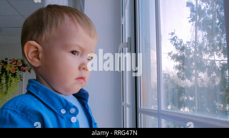 Nachdenkliche kleine Junge Blick durch Fenster Stockfoto