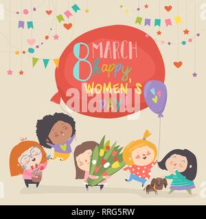 Nette Mädchen mit Blumen feiern Tag der Frauen Stock Vektor