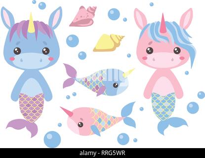 Rosa und Blaue cartoon Einhorn Meerjungfrauen, Schwertfisch, Muschel und Luftblasen im Wasser vector Abbildung Stock Vektor