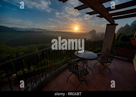 Balkon mit Blick auf einen Weinberg an der Napier, North Island, Neuseeland. Stockfoto