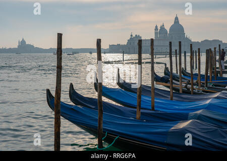 Eine Reihe von Gondeln im Vordergrund und die Kirche Santa Maria della Salute, allgemein bekannt als die Salute, im Hintergrund, in Venedig. Fro Stockfoto