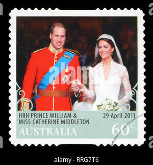 Australien - ca. 2011: eine Briefmarke in Australien gedruckten zeigt ein Bild von Prinz Williams und Kate Middleton königliche Hochzeit, circa 2011. Stockfoto