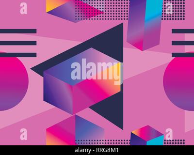 Futuristische nahtlose Muster mit geometrischen Formen. Farbverlauf mit violetten Tönen. Isometrische 3D-Form. Synthwave retro Hintergrund. Retrowave. Vektor illus Stock Vektor