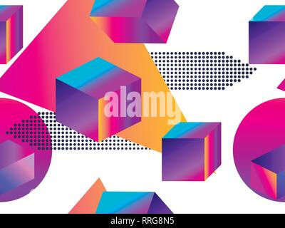 Futuristische nahtlose Muster mit geometrischen Formen. Farbverlauf mit violetten Tönen. Isometrische 3D-Form. Synthwave retro Hintergrund. Retrowave. Vektor illus Stock Vektor