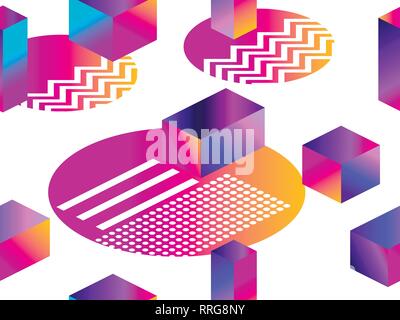 Futuristische nahtlose Muster mit geometrischen Formen. Farbverlauf mit violetten Tönen. Isometrische 3D-Form. Synthwave retro Hintergrund. Retrowave. Vektor illus Stock Vektor