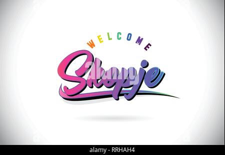 Skopje Willkommen bei Wort Text mit Kreativen Lila Rosa handschriftlichen Font und Swoosh Form Design Vector Illustration. Stock Vektor