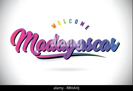 Madagaskar Willkommen bei Wort Text mit Kreativen Lila Rosa handschriftlichen Font und Swoosh Form Design Vector Illustration. Stock Vektor
