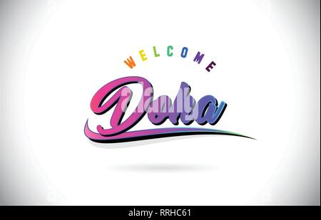 Doha Willkommen bei Wort Text mit Kreativen Lila Rosa handschriftlichen Font und Swoosh Form Design Vector Illustration. Stock Vektor