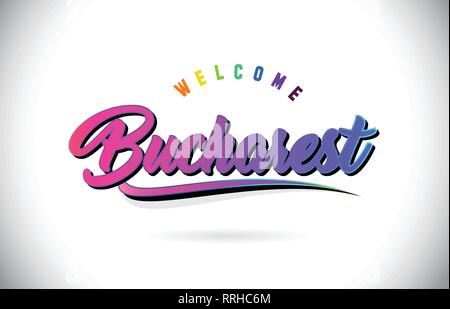 Bukarest Willkommen bei Wort Text mit Kreativen Lila Rosa handschriftlichen Font und Swoosh Form Design Vector Illustration. Stock Vektor