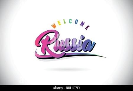 Russland Willkommen in Wort Text mit Kreativen Lila Rosa handschriftlichen Font und Swoosh Form Design Vector Illustration. Stock Vektor