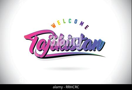 Tadschikistan Willkommen bei Wort Text mit Kreativen Lila Rosa handschriftlichen Font und Swoosh Form Design Vector Illustration. Stock Vektor