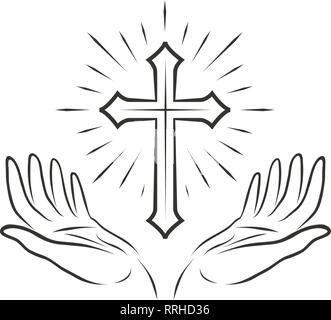 Christian Logo. Religiöse Gemeinschaft Symbol, Symbol. Hände und Kreuz, Vektor, Abbildung Stock Vektor