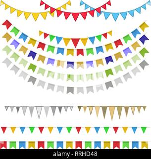 Vector Illustration von bunten Girlanden auf weißem Hintergrund. Karneval Girlande mit Fähnchen. Dekorative bunte party Flags für Geburtstagsfeier Stock Vektor