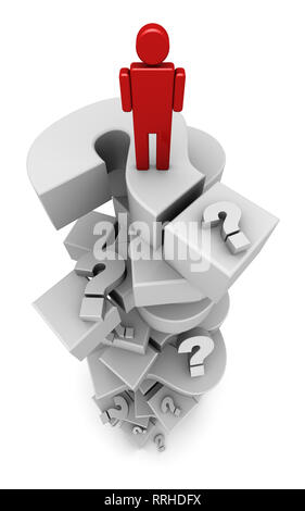 3D-Darstellung der roten Symbol stehende Person auf einem Haufen von Fragezeichen. - 3D-Abbildung auf weißem Hintergrund. Stockfoto
