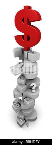 3D-Darstellung der roten Dollarzeichen auf einem großen Haufen Fragezeichen. Stockfoto