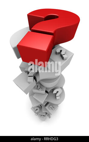 3D-Darstellung der Fragezeichen in einem großen Haufen. Stockfoto