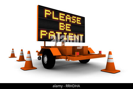 Hochauflösende 3D-Render von Bau zeichen Message Board und Kegel. "Bitte haben Sie einen Moment Geduld". - 3D-Abbildung auf weißem Hintergrund. Stockfoto