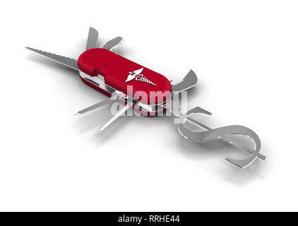 Multipurpose Mehrzweckmesser mit Metall Dollarzeichen und verschiedene andere Tools. Hochauflösende 3D-Render. Stockfoto