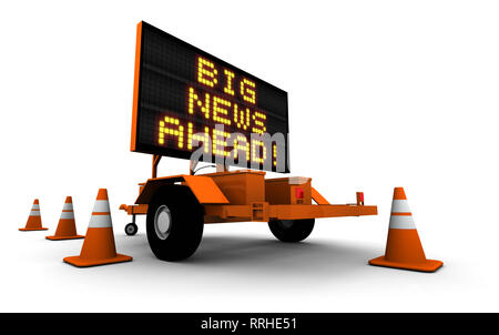 Big News! - Bau Nachricht signieren. 3D-Abbildung auf weißem Hintergrund. Stockfoto