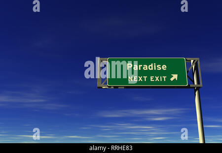 Super High Resolution 3D-Render von autobahnzeichen, nächste Ausfahrt... Paradies! Stockfoto