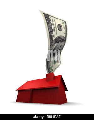3D-Darstellung eines roten Haus mit einem US 100 Dollar Bill aus dem Schornstein. 3D-Abbildung auf weißem Hintergrund. Stockfoto