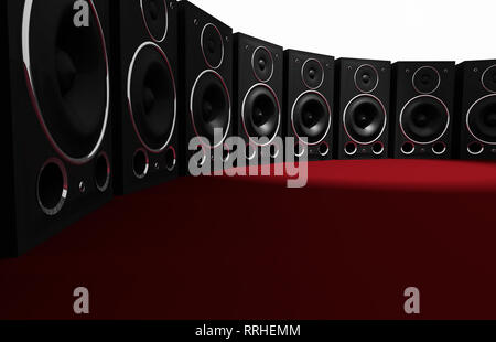 3D-Render audio Lautsprecher auf rot Einstellung Studio. Stockfoto