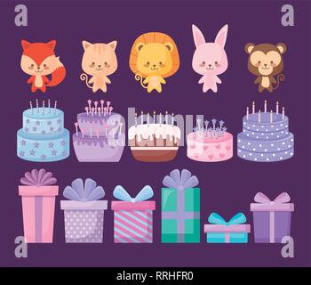 Niedliche Tiere mit süßen Kuchen und geschenkboxen Vector Illustration Design Stock Vektor