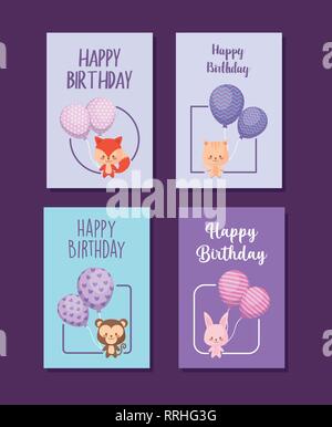 Satz von Happy Birthday Cards mit niedlichen tieren Vector Illustration Design Stock Vektor