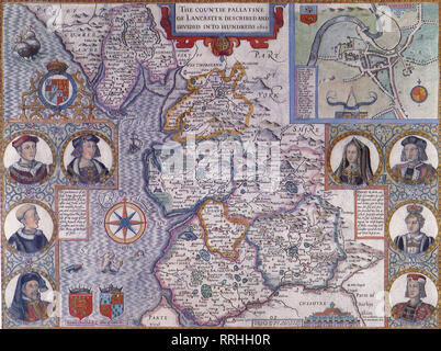 Karte von Lancashire, England 1611. Stockfoto