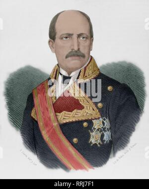 Francisco Serrano y Domínguez (1810-1885). Duque de la Torre y Conde consorte de San Antonio. Militar y político Español. Regente del Reino, Presidente del Consejo de Ministros y último Presidente del Poder ejecutivo de la ich República Española. Dibujo por Llanta. Retrato. Litografía. Coloreada. Crónica de España, Historia y Ilustrada Descriptiva de Sus Provincias. Andalusien, 1869. Stockfoto