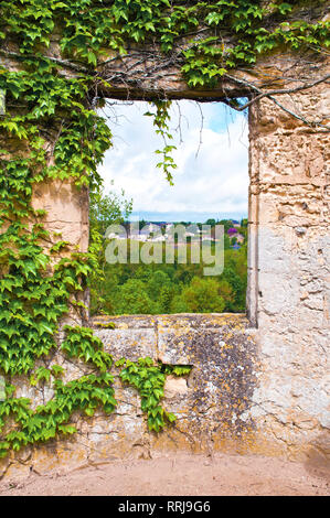 Blick auf die kleine Stadt Augustins durch ein Fenster öffnen mit Reben bedeckt. Viele grüne Bäume und Dächer. Bewölkt Frühling, Skyline Stockfoto