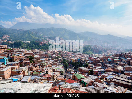 Comuna 13, Erhöhte Ansicht, Medellin, Antioquia, Kolumbien, Südamerika Stockfoto